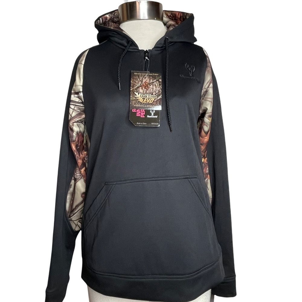 Huntsworth NWT Oak Tree 1/4 Zip Hooded Pullover Camouflage Sweatshirt Sz…